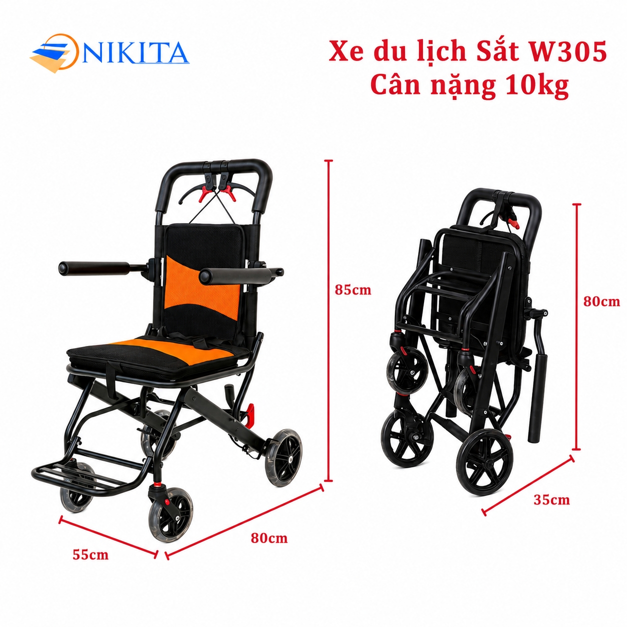 Xe Lăn Khung Sắt Đi Du Lịch Sơn Đen NIKITA NKT - W305