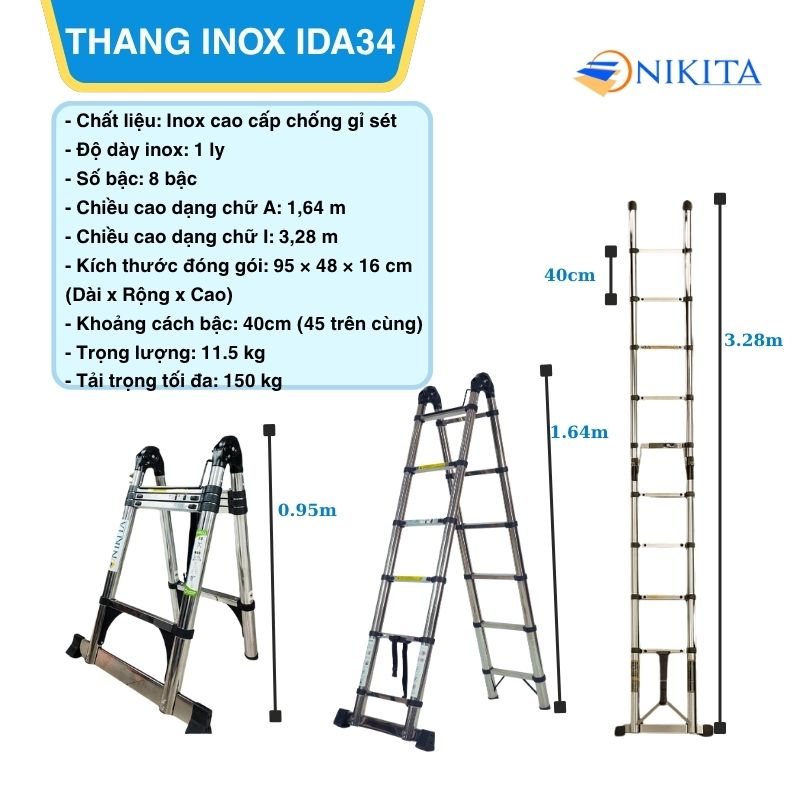 Thang Rút Đôi Inox Chữ A, Chữ I Chính Hãng NIKITA IDA34
