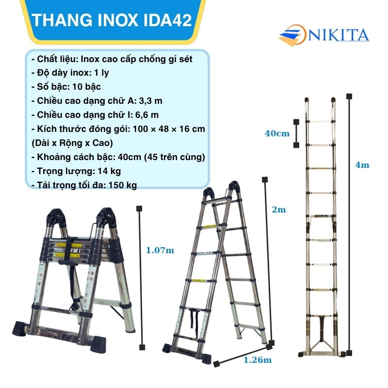 Thang Rút Cao Cấp Inox Chữ A, Chữ I Chính Hãng NIKITA IDA42