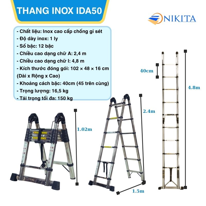 Thang Rút Chống Trượt Inox Chữ A, Chữ I Chính Hãng NIKITA IDA50