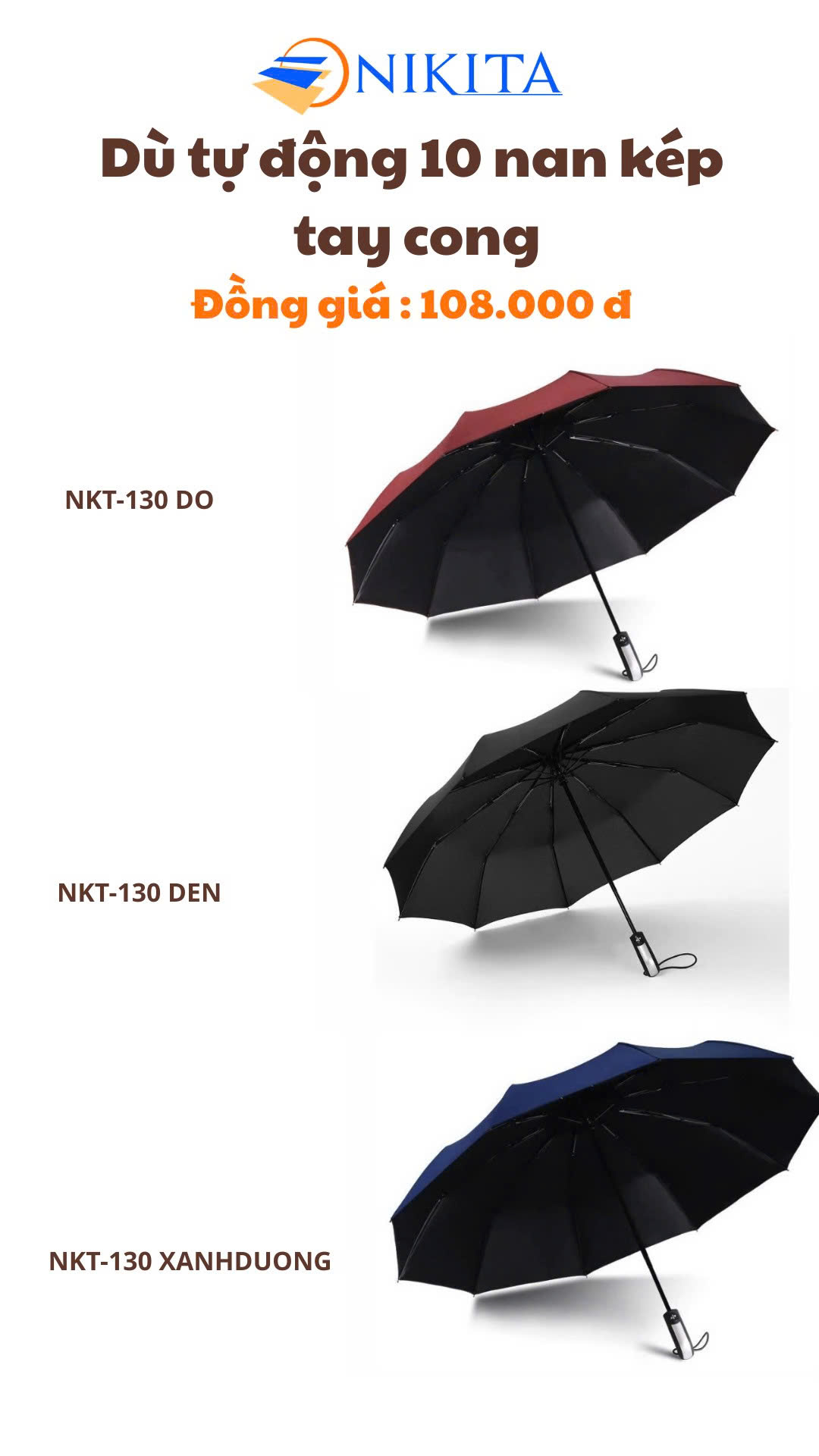 Dù Tiện Lợi 10 Nan Tay Cong NKT - 130 Màu Đen