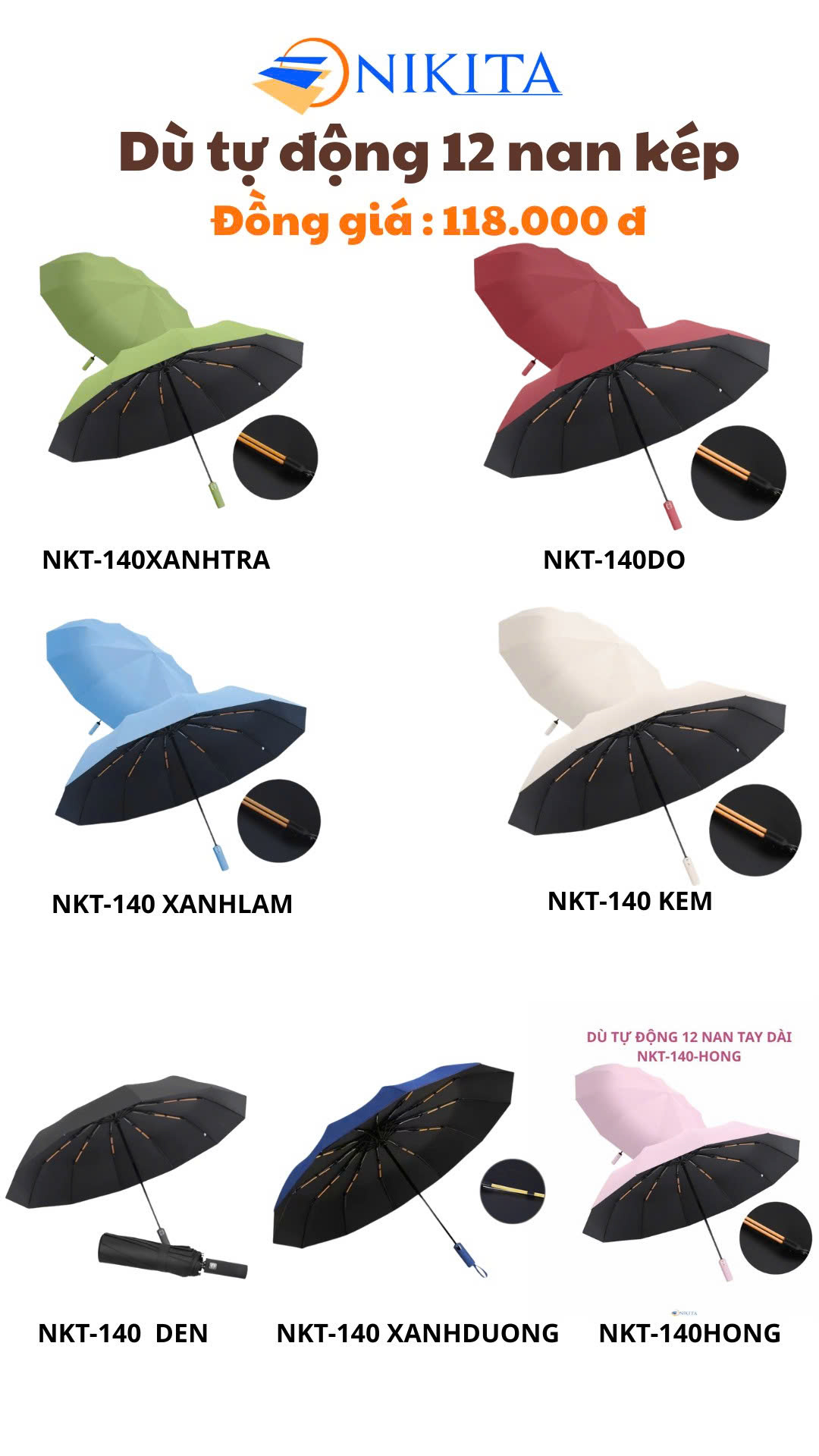 Dù Tự Động 12 Nan Tay Dài NKT - 140 Màu Xanh Dương