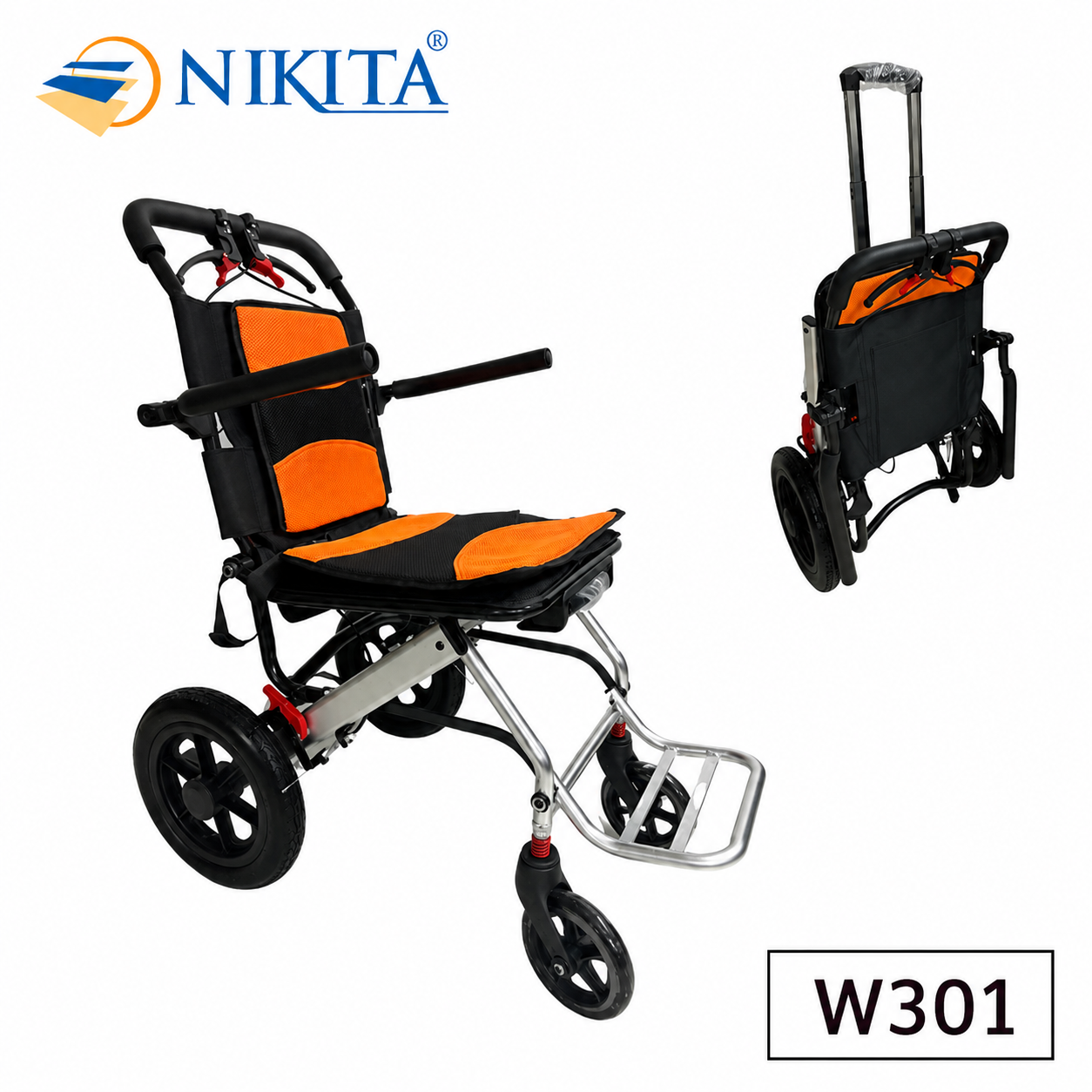 Xe Lăn Tay Kéo Như Vali Khung Inox Bánh Lớn NIKITA NKT - W301