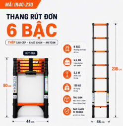 Thang Rút Đơn Bằng Thép 2.3m IR230 – 6 Bậc Gọn Nhẹ, Chắc Chắn