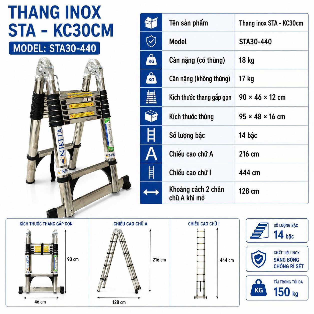 Thang Đôi Inox Chính Hãng Nikita NKT STA30 - 440